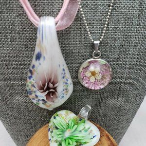 3 Pendants Art Glass Floral Purple & Green & Pink
